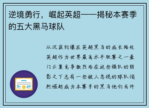 逆境勇行，崛起英超——揭秘本赛季的五大黑马球队