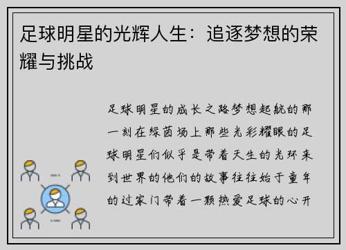 足球明星的光辉人生：追逐梦想的荣耀与挑战